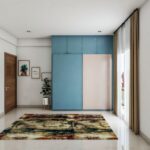 Desain Lemari Pakaian Geser 2 Pintu Modern Berwarna Biru dan Champagne