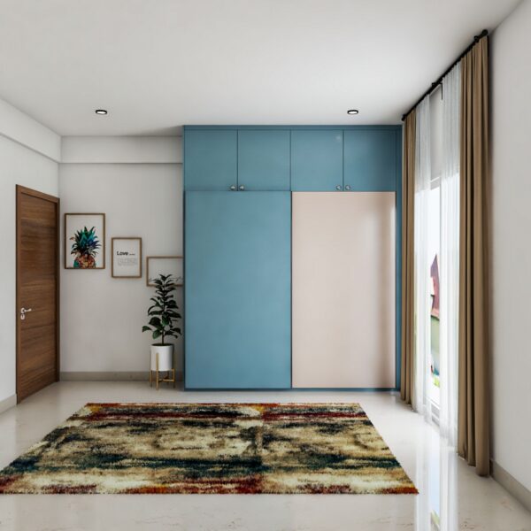 Desain Lemari Pakaian Geser 2 Pintu Modern Berwarna Biru dan Champagne