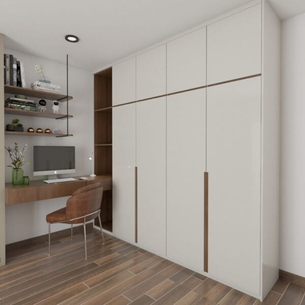 Desain Lemari Ayun Putih 4 Pintu Kontemporer Dengan Meja Belajar Kayu Terintegrasi