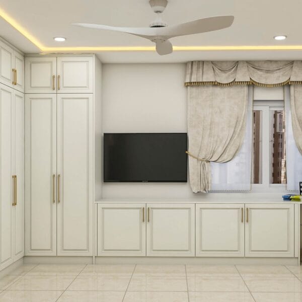 Desain Lemari Pakaian 4 Pintu Kontemporer Dengan Konsol TV