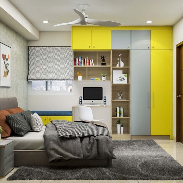 Lemari Ayun 4 Pintu Modern: Abu-abu Smokey & Kuning Marigold