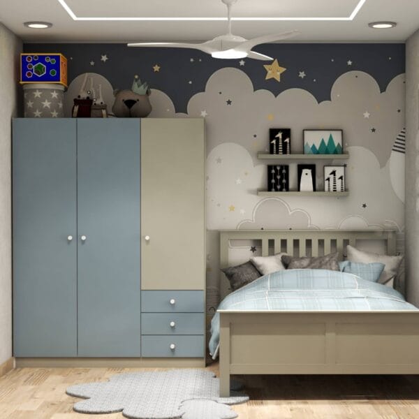 Desain Lemari Ayun 3 Pintu Modern Krem & Biru Irlandia