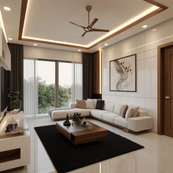 Ruang Tamu Kontemporer dengan Sofa Beige Berbentuk L