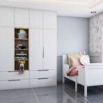 Desain Lemari Ayun 3 Pintu Putih Frosty Kontemporer Dengan Penyimpanan Terbuka dari Kayu