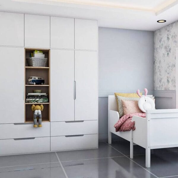 Desain Lemari Ayun 3 Pintu Putih Frosty Kontemporer Dengan Penyimpanan Terbuka dari Kayu