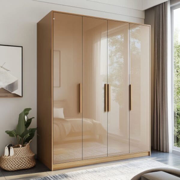 Desain Lemari 4 Pintu Kontemporer dengan Finishing Gloss Tinggi dan Pegangan Ergonomis