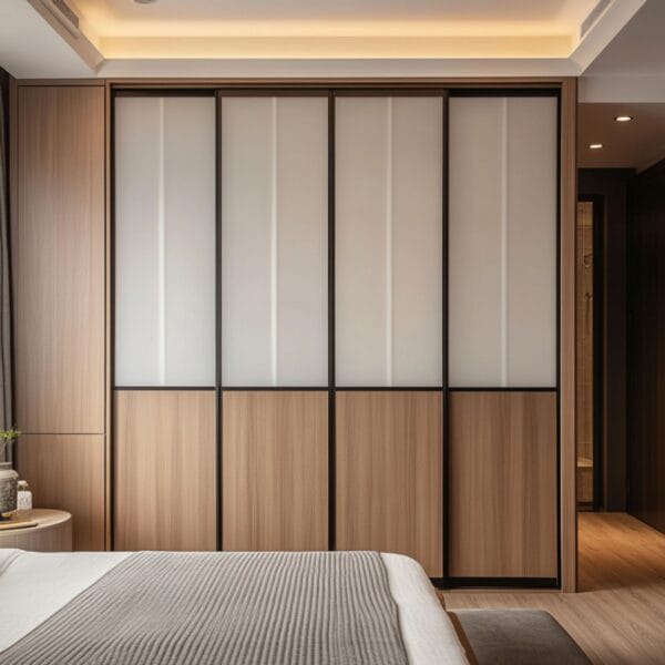 Desain Lemari Geser Modern dengan Panel Kaca Buram dan Finishing Kayu