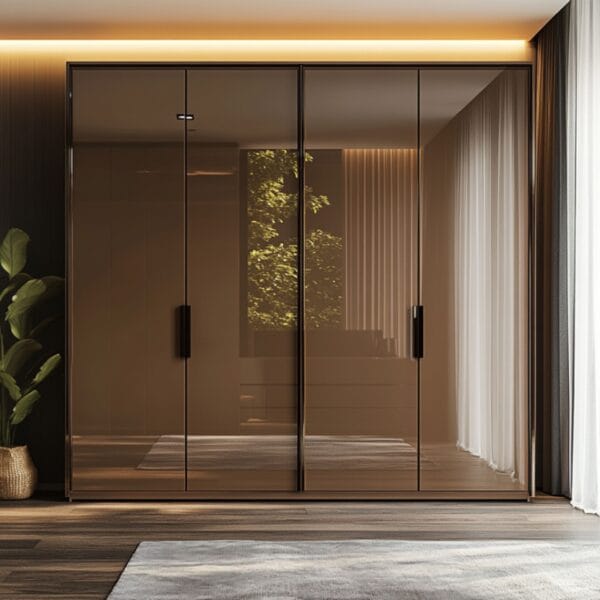 Desain Lemari Ayun 4 Pintu Kontemporer dengan Pintu Geser Bercermin