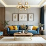 Sofa Biru 3 Tempat Duduk di Ruang Tamu Kontemporer