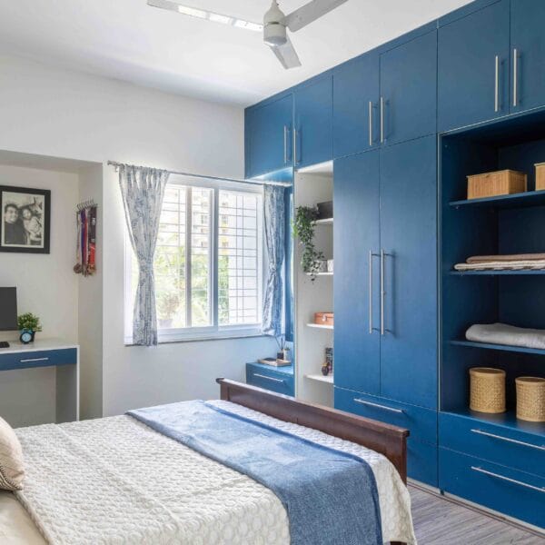 Lemari Ayun Kontemporer Shore Blue 4 Pintu | Rak & Laci