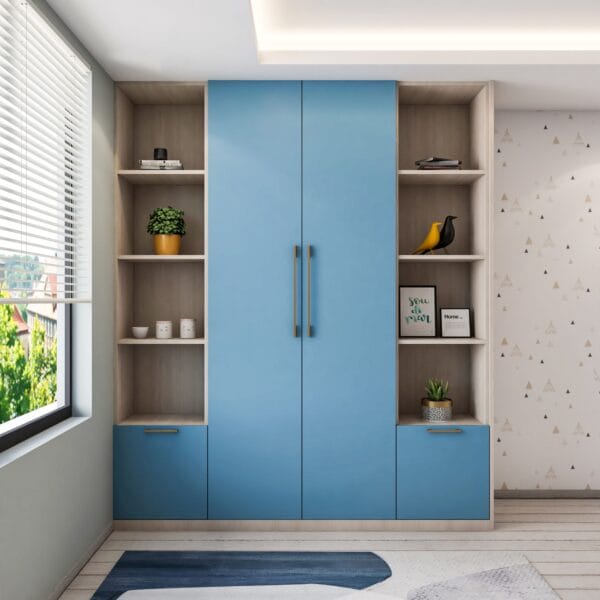Desain Lemari 2 Pintu Kontemporer Warna Biru dan Kayu