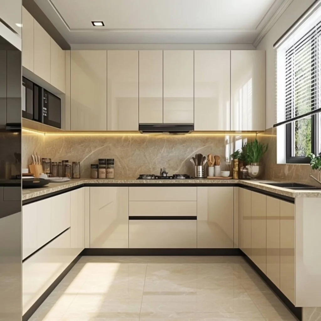 Desain Dapur Berbentuk U Kontemporer dengan Warna Krim