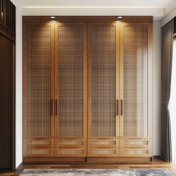 Desain Lemari Ayun Bohemian 4 Pintu dalam Warna Walnut