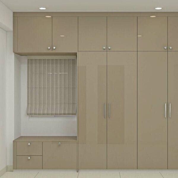 Desain Lemari Pakaian 4 Pintu Kontemporer Dengan Finishing Mengkilap Tinggi