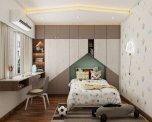 Desain Lemari Ayun Skandinavia 6 Pintu Warna Coklat dan Krem dengan Tempat Tidur Terintegrasi