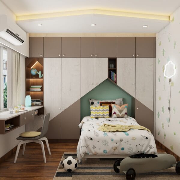 Desain Lemari Ayun Skandinavia 6 Pintu Warna Coklat dan Krem dengan Tempat Tidur Terintegrasi