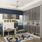 Lemari Ayun Abu-abu 4 Pintu Modern dengan Meja Belajar