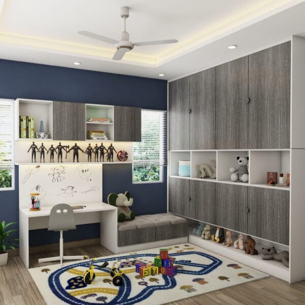 Lemari Ayun Abu-abu 4 Pintu Modern dengan Meja Belajar