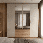 Desain Lemari Ayun 4 Pintu Modern dengan Warna Abu-abu Pumic dan Acacia Berkait dengan Finishing Suede