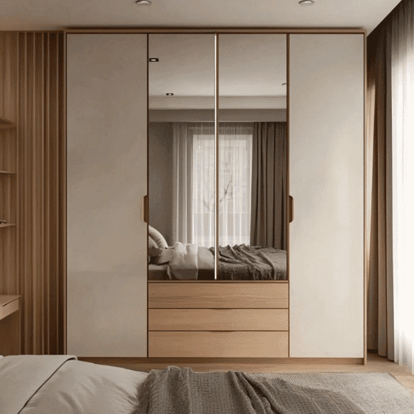 Desain Lemari Ayun 4 Pintu Modern dengan Warna Abu-abu Pumic dan Acacia Berkait dengan Finishing Suede