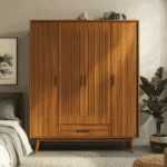 Desain Lemari Pakaian 4 Pintu Modern Warna Walnut dengan Finishing Suede