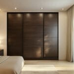 Lemari Geser 3 Pintu Kontemporer Hemat Ruang Walnut Kanada