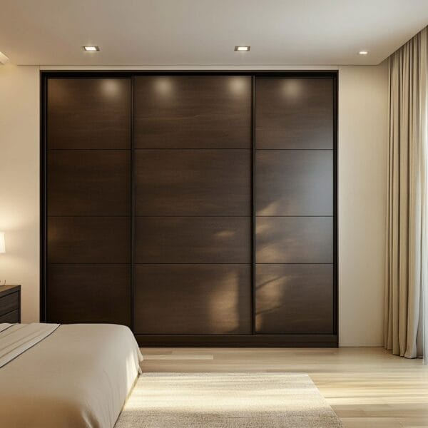 Lemari Geser 3 Pintu Kontemporer Hemat Ruang Walnut Kanada