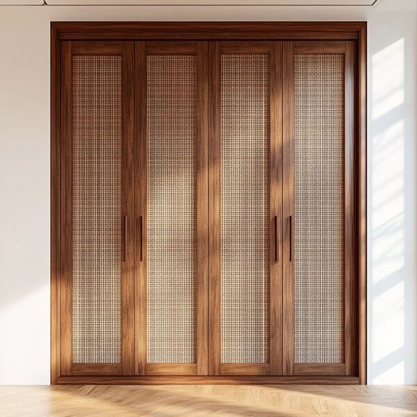 Desain Lemari Pakaian Bohemian 4 Pintu dengan Panel Rotan