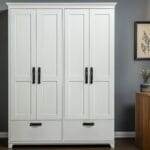 Desain Lemari Ayun 4 Pintu Modern Putih Pucat dengan Laci