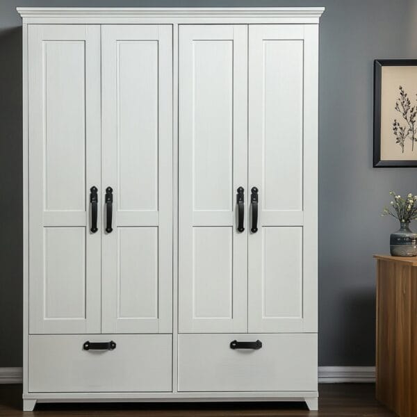 Desain Lemari Ayun 4 Pintu Modern Putih Pucat dengan Laci