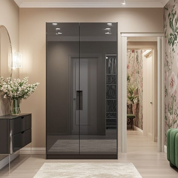 Desain Lemari Pakaian 2 Pintu Minimalis Warna Slate dengan Pintu Gloss Tinggi