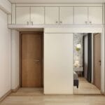 Desain Lemari Pintu Geser Putih Modern Dengan Penyimpanan Loteng