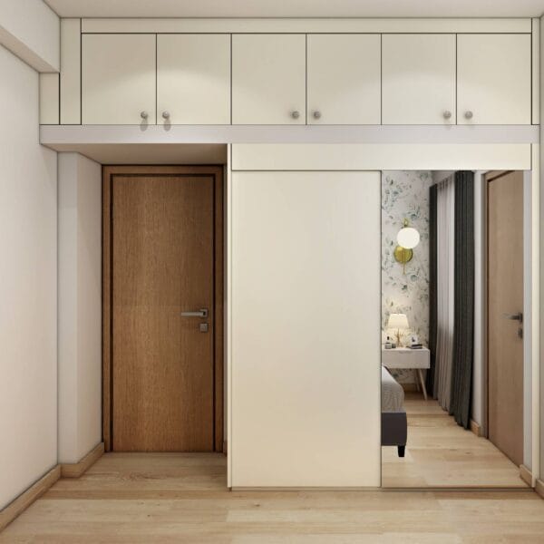 Desain Lemari Pintu Geser Putih Modern Dengan Penyimpanan Loteng