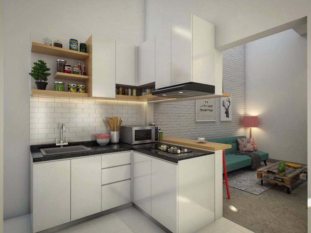 desain dapur minimalis modern berdekatan dengan ruang keluarga