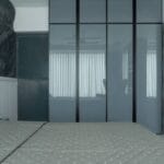 Desain Lemari Pakaian 4 Pintu Modern Mantello Blu dengan Penutup Akrilik Mengkilap