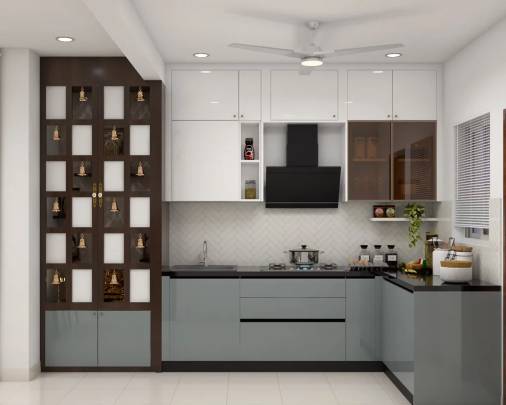 10 Desain Dapur Minimalis Modern Ukuran Kecil Tapi Cantik Terbaru 7 Desain Dapur Modern Berbentuk L Dengan Backsplash Herringbone dan Finishing Mengkilap