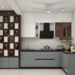 Desain Dapur Modern Berbentuk L Dengan Backsplash Herringbone dan Finishing Mengkilap