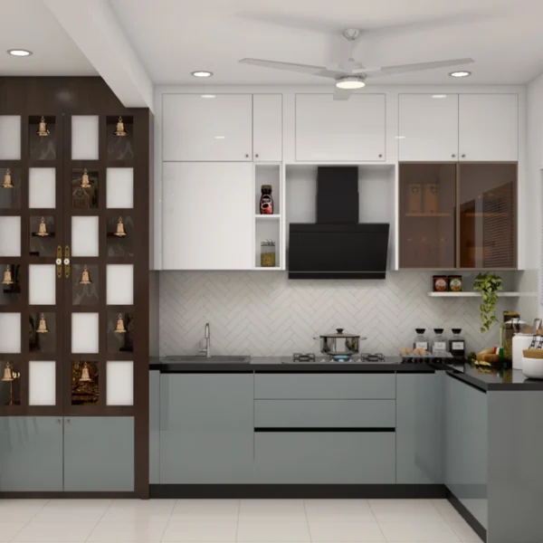 Desain Dapur Modern Berbentuk L Dengan Backsplash Herringbone dan Finishing Mengkilap