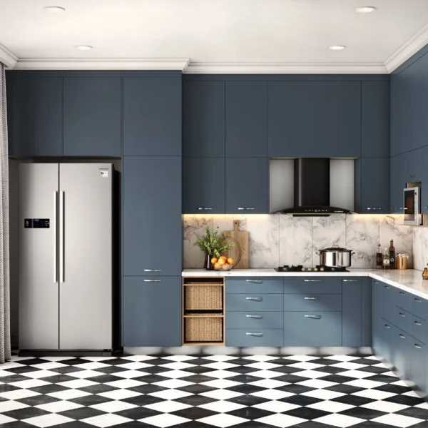 Desain Dapur Berbentuk L Kontemporer – Shore dengan Meja Marmer Elegan