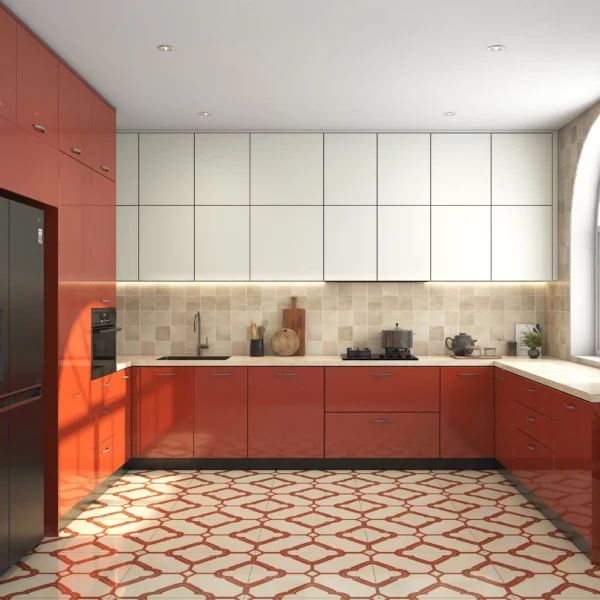 Desain Dapur Berbentuk U Kontemporer Merah dan Putih