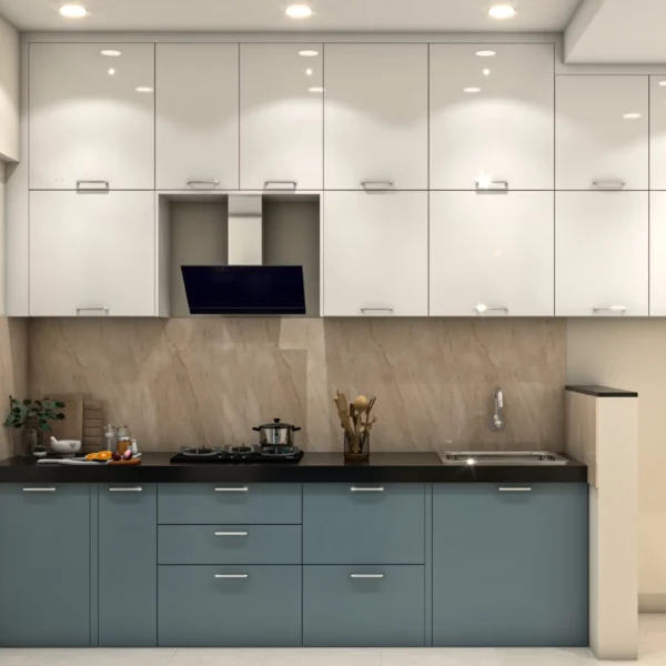 Desain dapur modern berbentuk L dengan kabinet putih mengkilap, unit bawah warna abu-abu biru, backsplash motif marmer, dan meja granit hitam