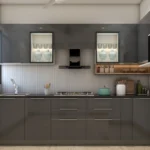 Desain Dapur Modern Abu-abu dengan Lemari Kaca dan Rak Kayu – Gaya Terbuka Fungsional