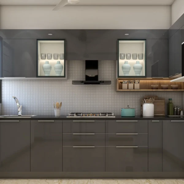 Desain Dapur Modern Abu-abu dengan Lemari Kaca dan Rak Kayu – Gaya Terbuka Fungsional