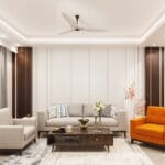 Ruang Tamu Kontemporer dengan Sofa Abu-abu dan Kursi Oranye