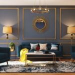 Ruang Tamu Modern Abad Pertengahan dengan Sofa Biru Teal