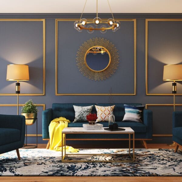 Ruang Tamu Modern Abad Pertengahan dengan Sofa Biru Teal