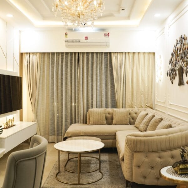Ruang Tamu Kontemporer Sofa L Beige Mewah Elegan