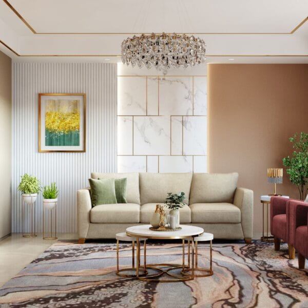 Ruang Tamu Kontemporer Sofa Beige & Kursi Mawar Berdebu