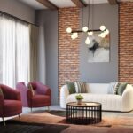 Ruang Tamu Industri dengan Sofa Bertekstur dan Dinding Bata