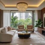 Ruang Tamu Kontemporer dengan Sofa Melengkung Beige